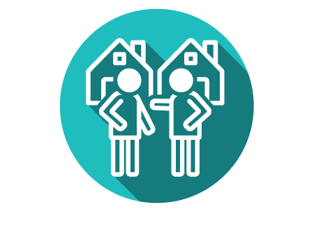 Two neighbors meet in front of two houses, chatting. (White iconography graphic on light green circle)