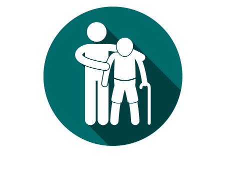A medical staff member helping a senior citizen on a cane